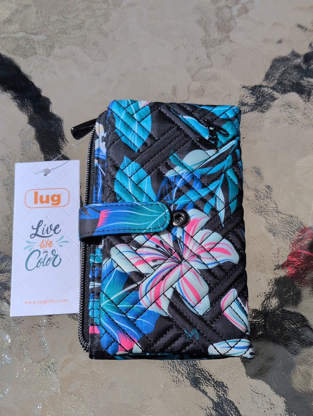 lug Quilted Floral Wallet - Black with Blue & Pink Accents NWTs